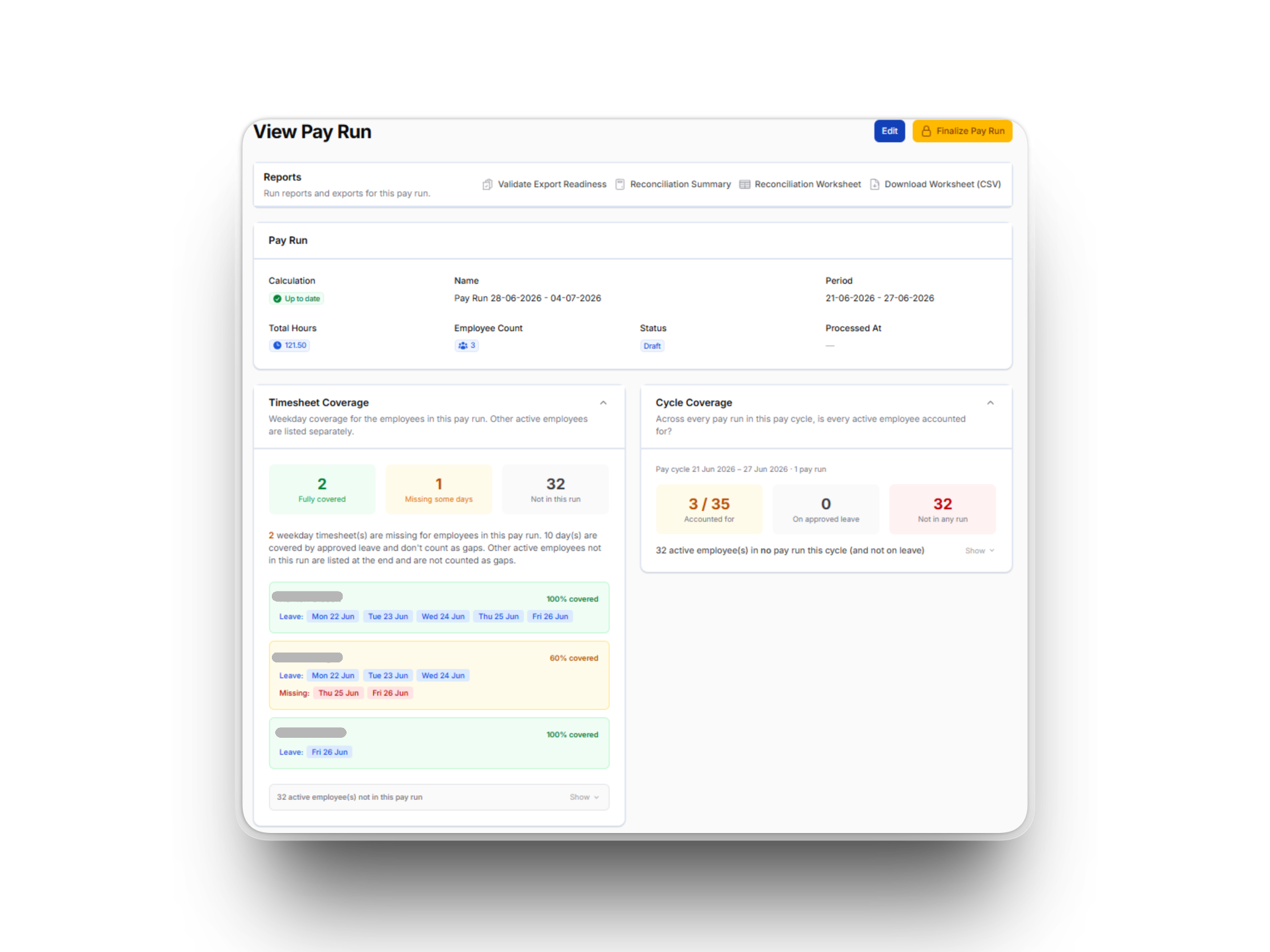 Subgrade Pay Run screen