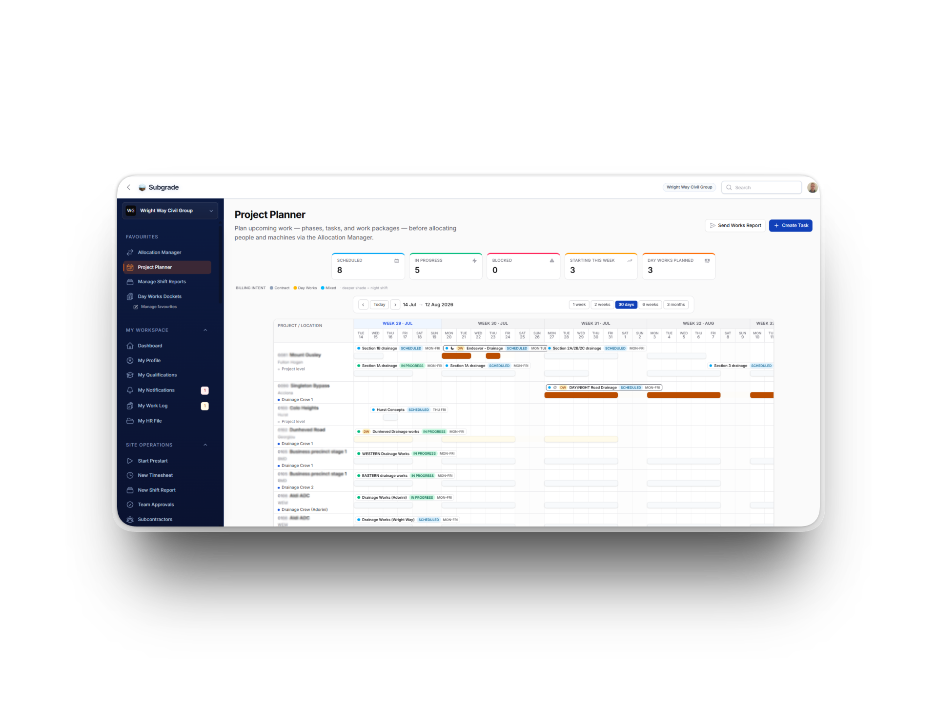 Subgrade Project Planner timeline