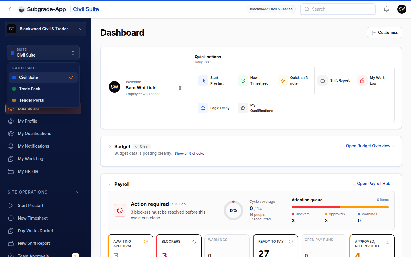 Subgrade Cyber suite switcher open over the Civil dashboard